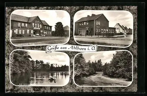 AK Ahlhorn i. O., Gasthaus Ahlhorner Krug, Post, Waldpartie und Mühlenteich