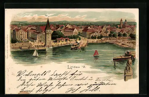 Lithographie Lindau i. B., Hafenpartie aus der Vogelschau