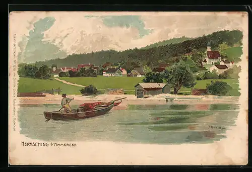 Künstler-AK Herrsching am Ammersee, Totalansicht vom See aus