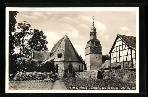 AK Lindheim b. Büdingen, Evangeliche Kirche mit Gartenanlagen