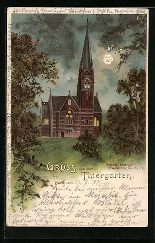 Lithographie Berlin-Tiergarten, Kaiser Friedrich-Gedächtnis-Kirche bei Mondschein