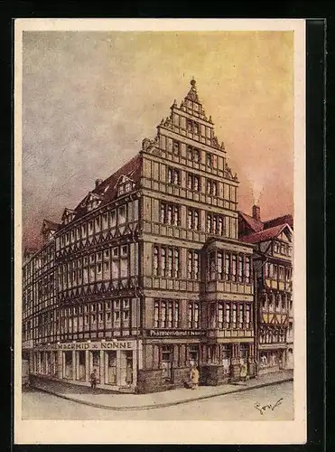 Künstler-AK Hannover, Ecke Oster- und Schmiedestrasse mit Geschäften