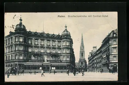 AK Mainz, Bonifaciuskirche mit Central-Hotel