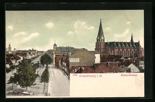 AK Friedberg i. H., Kaiserstrasse mit Kirche aus der Vogelschau