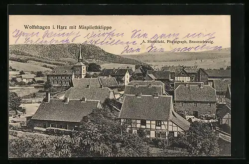 AK Wolfshagen /Harz, Ortsansicht mit Mispliethklippe