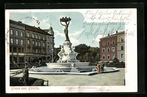 AK Görlitz, Postplatz mit Zierbrunnen