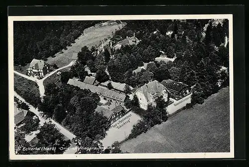 AK Eckertal /Harz, Ortsansicht mit Gast- und Pensionshaus Eckerkrug, Fliegeraufnahme