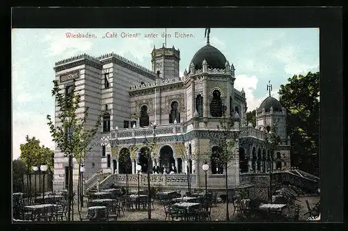 AK Wiesbaden, Cafe Orient unter den Eichen - Gartenansicht
