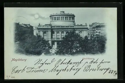 Mondschein-AK Magdeburg, Stadttheater aus der Vogelschau