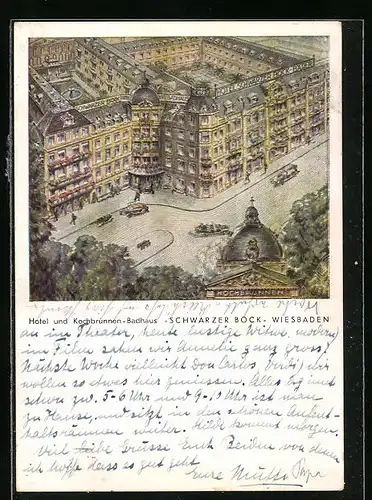 Künstler-AK Wiesbaden, Hotel und Kochbrunnen-Badhaus Schwarzer Bock