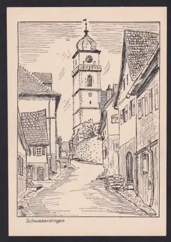 Künstler-AK Schwieberdingen, Strassenpartie mit Kirche