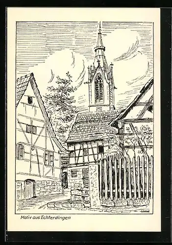 Künstler-AK Echterdingen, Strassenpartie mit Kirchturm