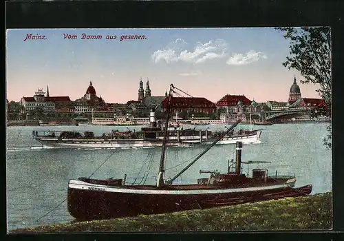 AK Mainz, Blick vom Damm auf die Stadt