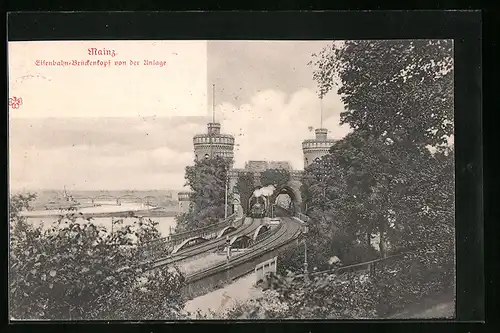 AK Mainz, Eisenbahn-Brückenkopf von der Anlage aus gesehen