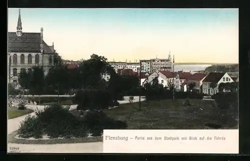 AK Flensburg, Stadtpark mit Blick auf die Föhrde