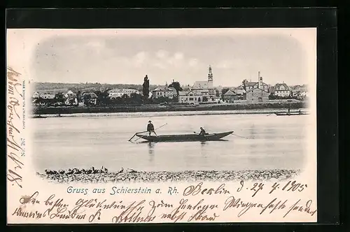 AK Schierstein a. Rh., Totalansicht, Ruderpartie auf dem Rhein
