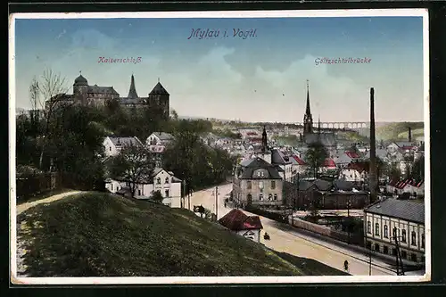 AK Mylau i. V., Blick auf Kaiserschloss und Göltzschtalbrücke