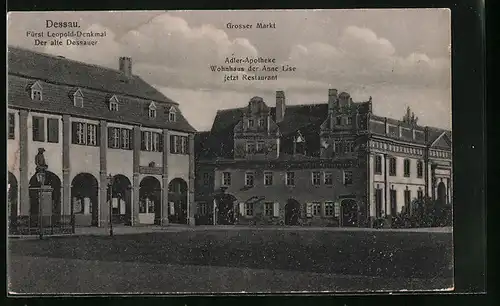 AK Dessau, Fürst Leopold-Denkmal, Grosser Markt, Adler-Apotheke