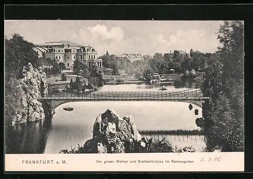 AK Frankfurt-Westend, grosser Weiher und Drahtseilbrücke im Palmengarten