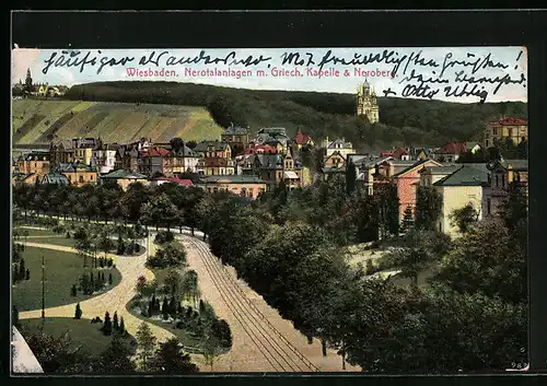AK Wiesbaden, Nerotalanlagen mit Griech. Kapelle und Neroberg