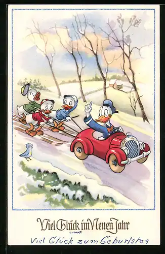 Künstler-AK Donald Duck zieht seine Neffen auf Skiern über eine Strasse - Neujahrsgruss