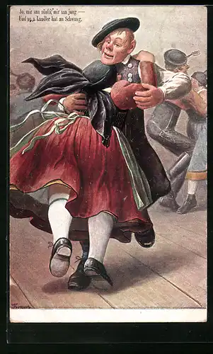 Künstler-AK Trachtenpaar beim Ländler auf der Diele, Karikatur