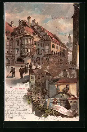 Präge-Lithographie München, Hofbräuhaus mit Passanten und Strassenfeger, Bierfass, Geprägtes Wappen