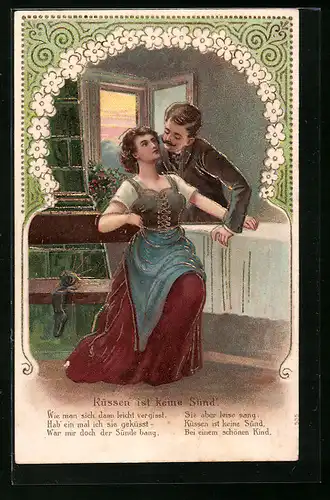 Präge-Lithographie Küssen ist keine Sünd - Paar an der Ofenbank, Gedicht