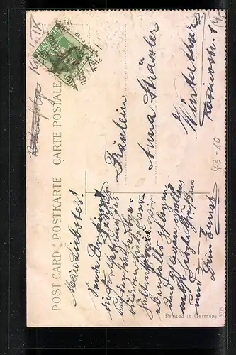 Präge-Lithographie Liebespaaar auf einer Wiese unter blühendem Flieder