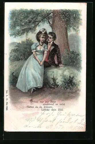 Präge-AK Liebespaar beim Stelldichein im stillen Winkel