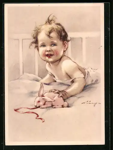 Künstler-AK Baby mit Spielzeug-Häschen