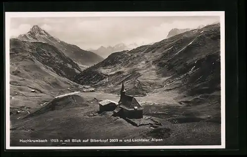 AK Hochkrumbach, Kirche mit Biberkopf und Lechtaler Alpen