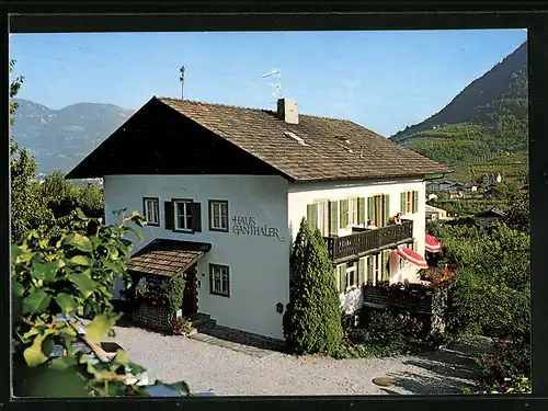 AK Algund bei Meran, Pension Haus Ganthaler aus der Vogelschau