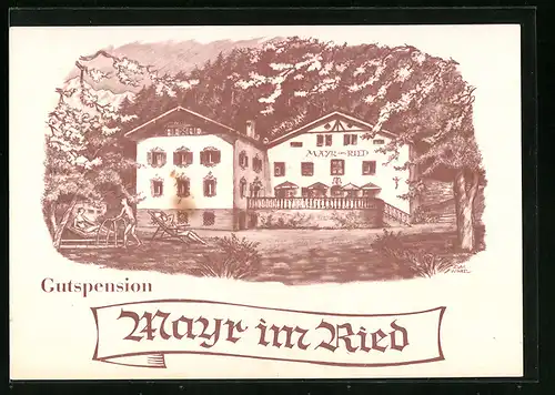 Künstler-AK Algund bei Meran, Gutspension Mayr im Ried