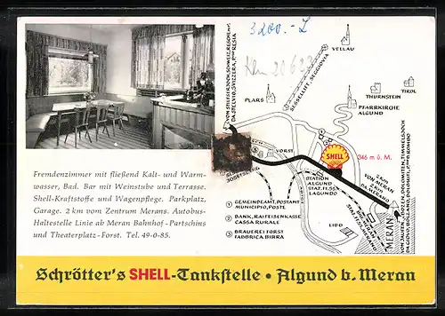 AK Algund bei Meran, Schrötters Shell-Tankstelle mit Fremdenzimmern - Strassenansicht, Innenansicht