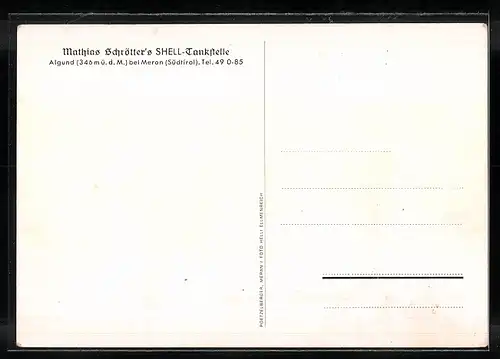 AK Algund bei Meran, Schrötters Shell-Tankstelle mit Fremdenzimmern - Gebäudeansicht mit Strasse, Innenansicht