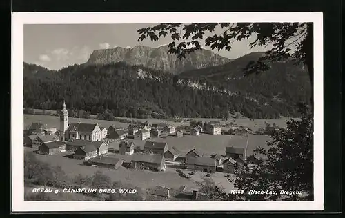 AK Bezau, Ortsansicht aus der Vogelschau gegen Canisfluh