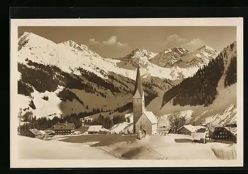 AK Mittelberg, Ortsansicht mit Hammerspitze und Schafalpköpf