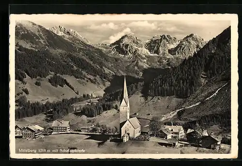 AK Mittelberg, Ortsansicht mit Schnafalpköpfe aus der Vogelschau