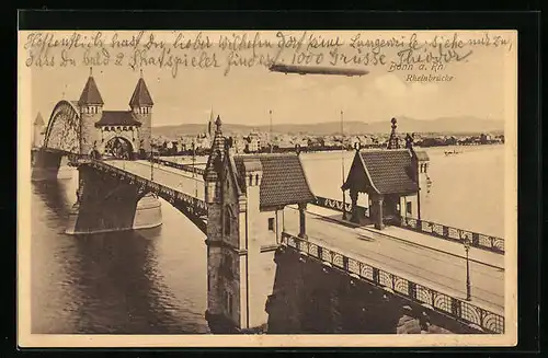AK Bonn a. Rh., Zeppelin über der Rheinbrücke