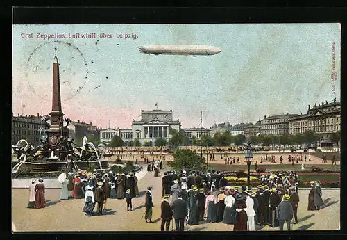 AK Leipzig, Zeppelins Luftschiff über der Stadt