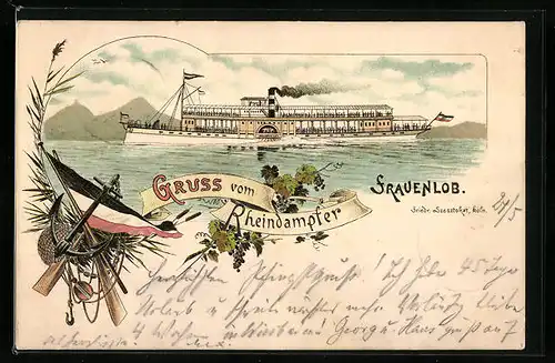 Lithographie Rheindampfer Frauenlob in voller Fahrt