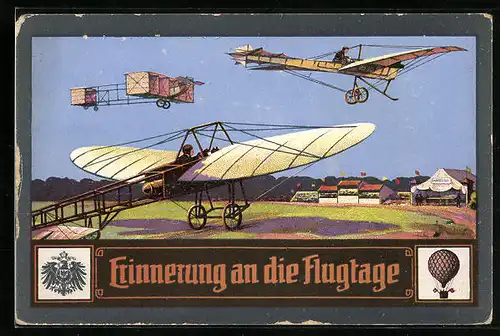 Künstler-AK Erinnerung an die Sachsen-Flugwoche, Flugzeuge verschiede Bautypen, Fesselballon und Wappen von Sachsen