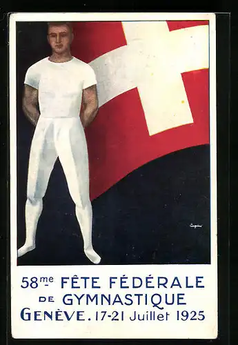 Künstler-AK Geneve, 58. Fete Fédérale de Gymnastique 1925, Turner vor Schweizer Fahne