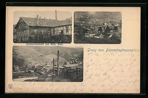 AK Dümmlinghausen, Gasthaus Wilh. Noll, Ortsansicht aus der Vogelschau, Fabrikanlage mit Umgebung