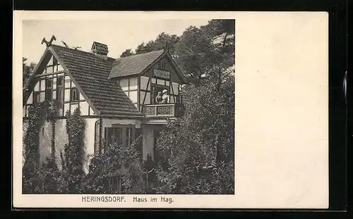 AK Heringsdorf, Haus im Hag - Gebäudeansicht mit Damen auf dem Balkon