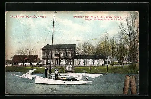 AK Schmöckwitz, Gasthof zur Palme - Gebäudeansicht vom Wasser aus, mit Segelboot