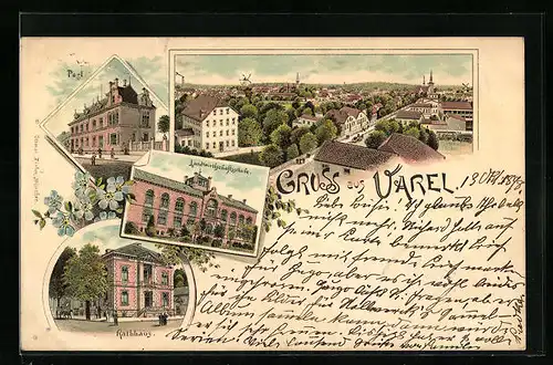 Lithographie Varel, Landwirtschaftsschule, Rathaus, Post