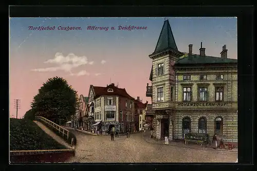 AK Cuxhaven, Strasse Alterweg und Deichstrasse mit Hotel Hohenzollern-Hof