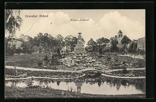 AK Ahlbeck, Ortspartie mit Krieger-Denkmal